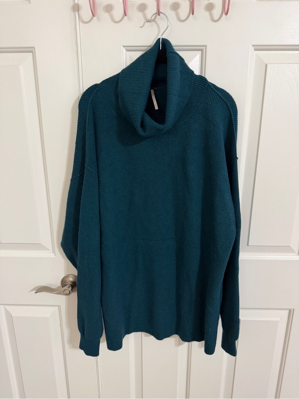 Free People M Teal Softly Structured Cowl Neck Oversized Tunic Sweater